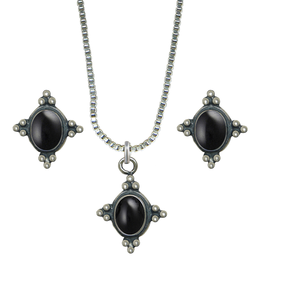 Sterling Silver Petite Necklace Earrings Set Black Onyx